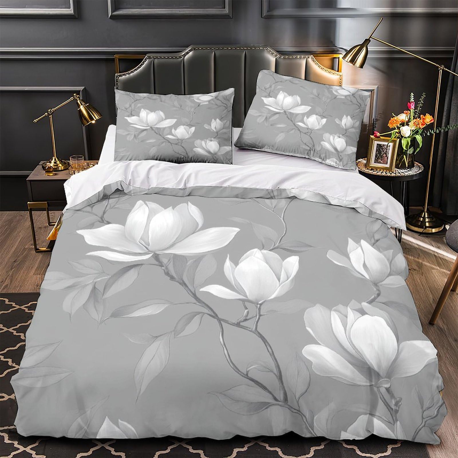 Parure de lit King 220x240 cm en microfibre avec housse de couette imprimée floral 3D