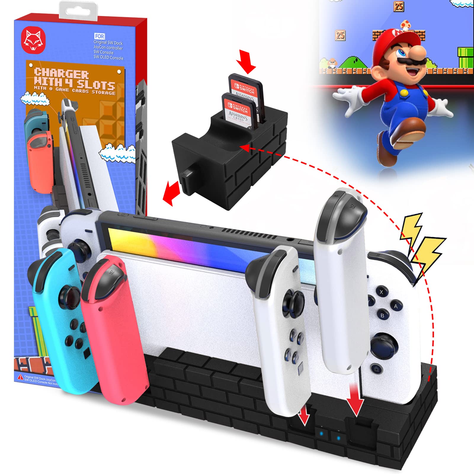 Buy Switch Charging Dock, Mario Black Brick 4 JoyCons Controller