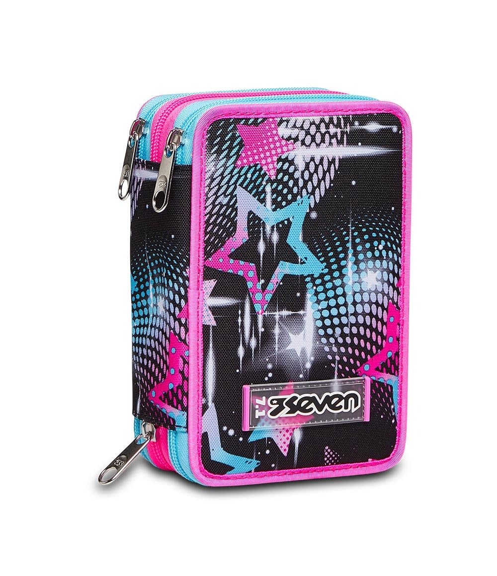 Seven, Astuccio Scuola 3 Zip LIQUID PAINT, Nero - Attrezzato con Matite, Pennarelli ecc.., Portapenne Scuola Bambino