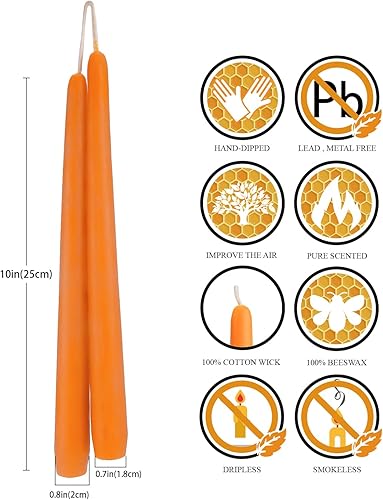 Miniatura 2 de Juego de 6 velas cónicas de cera de abeja natural de 10 pulgadas, color naranja brillante