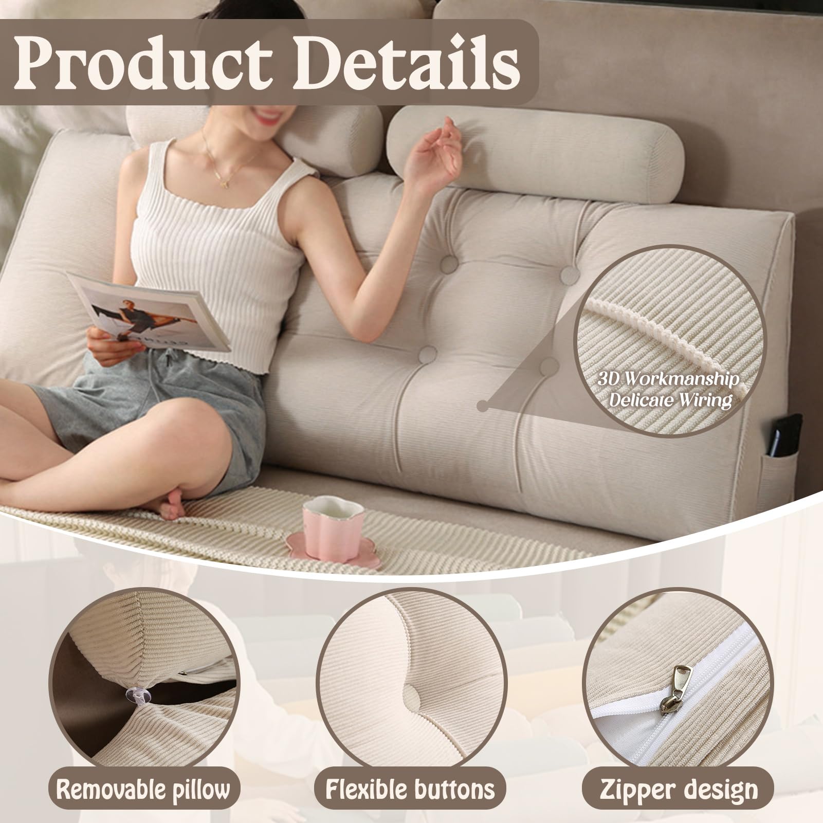 Keilkissen Lang Rückenkissen für Bett: Bequemes Lesekissen Abnehmbar Sofa Lendenkissen Dreieckiges Hohen Rückenlehne Kissen mit Nackenstützkissen (Dark Gray, 150 * 50 * 20cm)