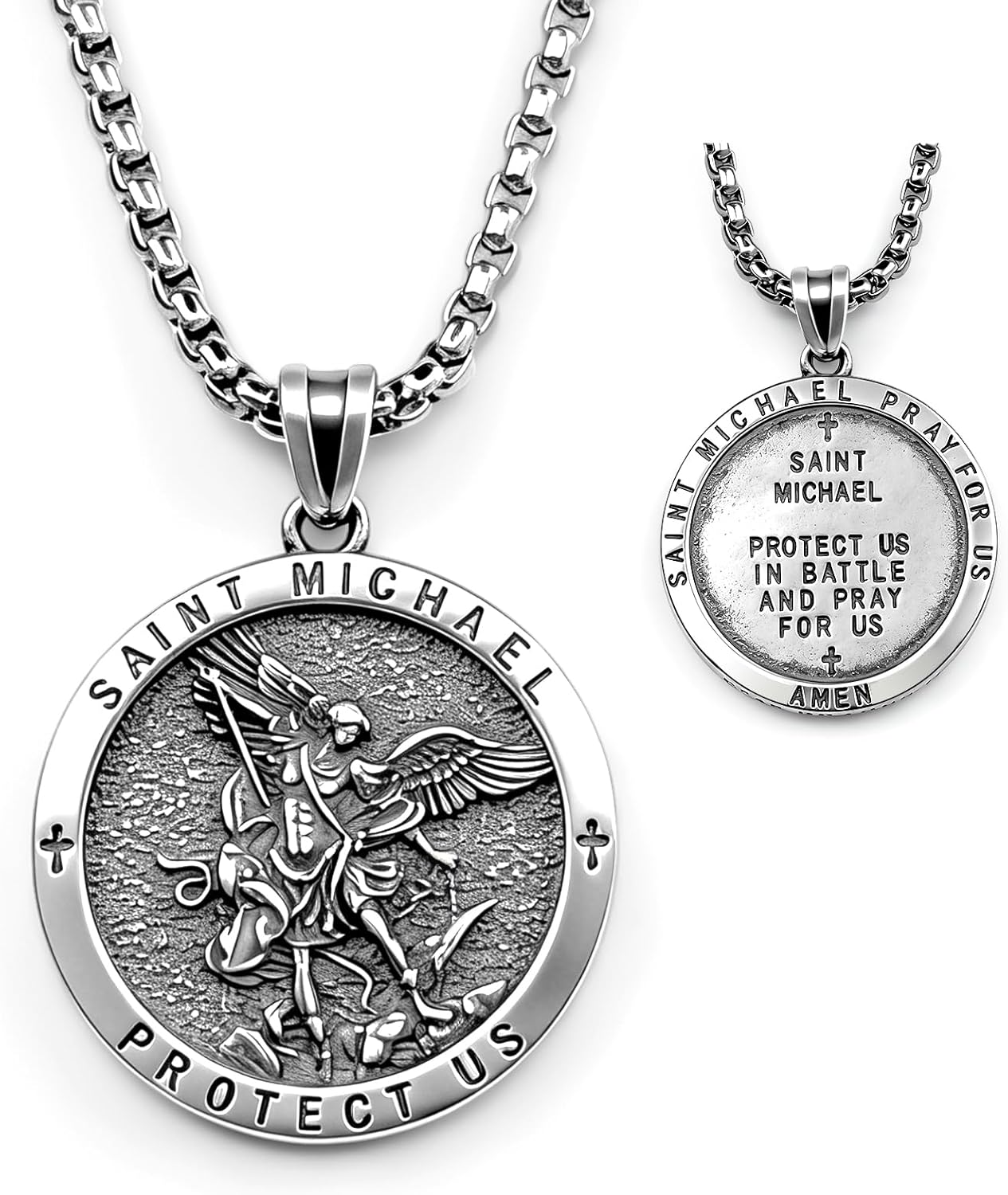 St Michael Pendant for Men & Women, 925 Sterling Silver Archangel Michael Necklace with 23.5" Stainless Steel Chain, Vintage Saint Michael Medal Protection Jewelry Gift
