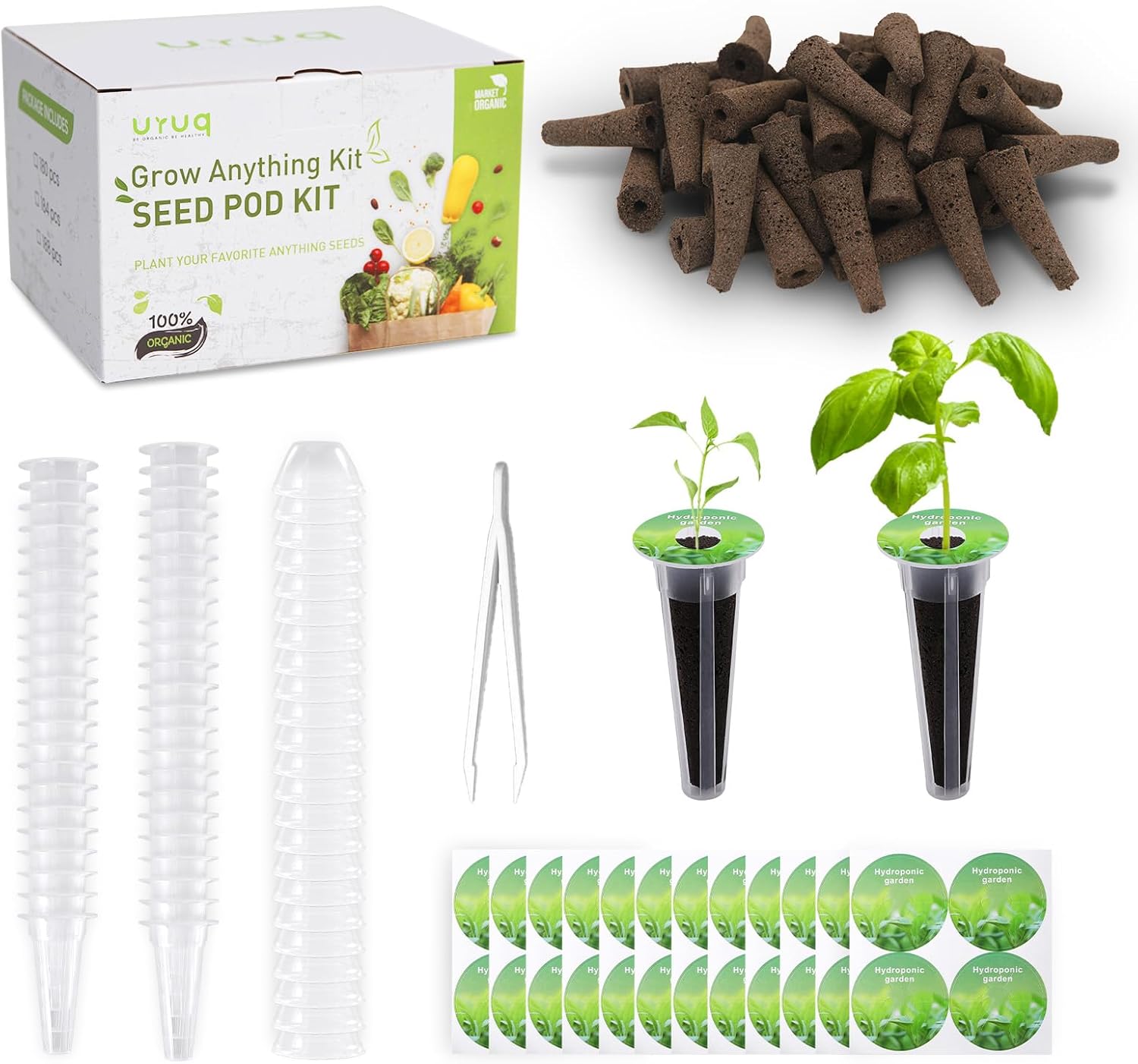 URUQ 140Pcs Hydroponic Pods Supplies: Compatible with AeroGarden Grow Anything Herb Kits - Includes Grow Sponges Grow Baskets Grow Domes Labels - Hydroponics Supplies for Most Brand (Pack of 2)