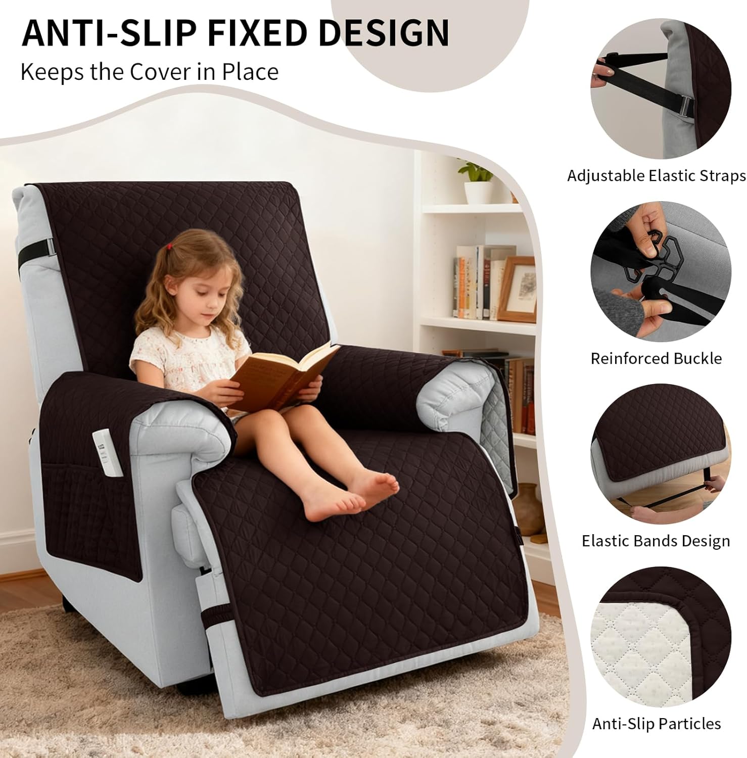 100% Waterproof Recliner Chair Covers 22", Non-Slip Recliner Cover for Chair with Pocket Washable Recliner Covers with Elastic Straps Small Recliner Cover for Kids Pets-Chocolate