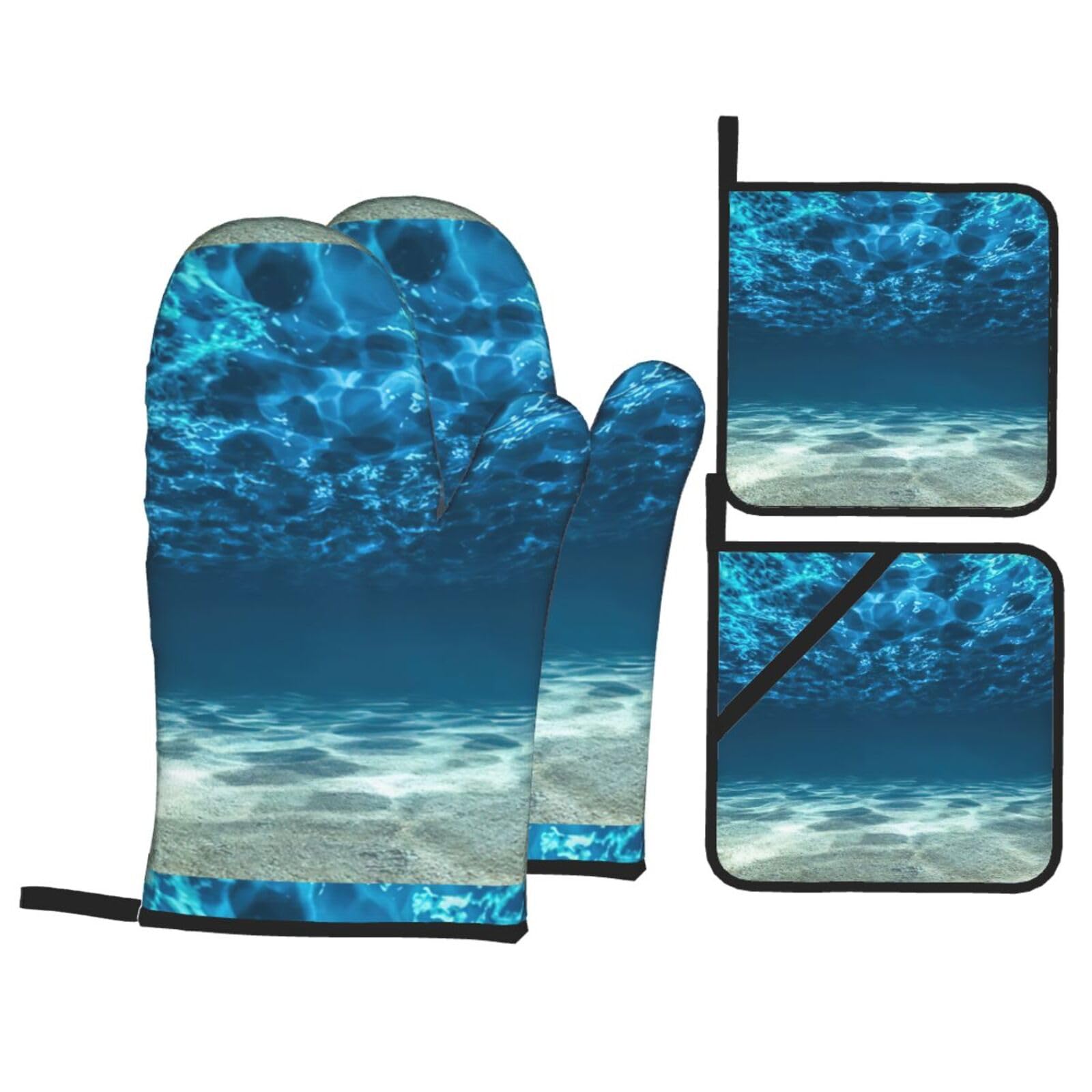 Ocean. Print Kitchen Oven Mitts And Pot Holders Set,Hanging Loop Design For Cooking Baking Bbq