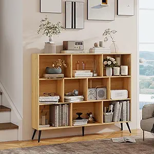 GarveeHome Wooden 3-Tier Open Shelf Bookcase, 10 Cubes Bookshelf, Freestanding Book Shelf Storage Organizer with 5 Iron Legs for Home Office, Living Room, Bedroom, Natural