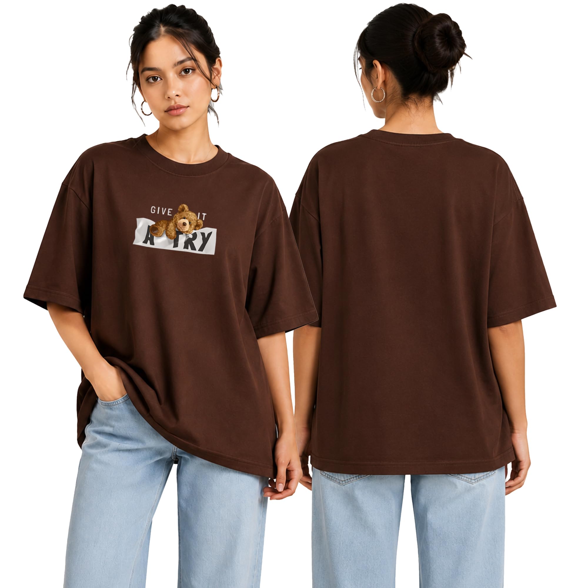 Cute Teddy Bear Oversized Brown Tshirt for Women and Men Drop Shoulder Unisex Cotton Baggy Loose Fit T-Shirts-picture-55