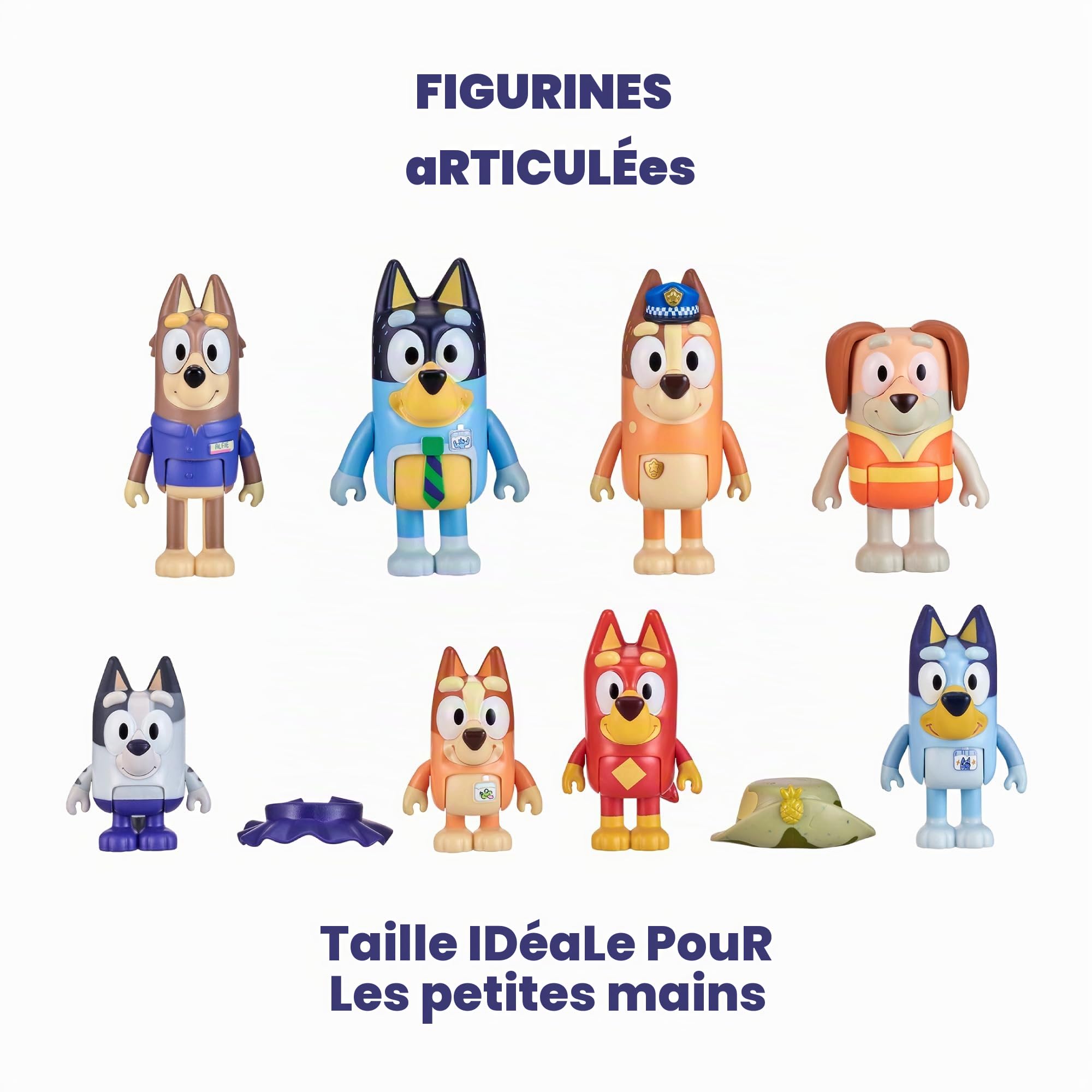 Bluey BLY73000 Lot de 8 Figurines articulées avec Amis préparés pour Aller d'aventure, poupées de la série pour Enfants, augmentez Votre Collection avec ce Pack célèbre