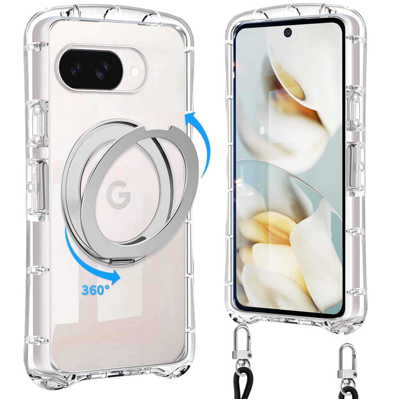 Google Pixel 9a 用の ケース クリア リング付き ショルダー 多機能360度回転スタンド ピクセル9a スマホケース カバー 耐衝撃 全透明 TPU 肩掛け 首掛け スタンド機能付き マグネット 金属ボタン(クリア)
