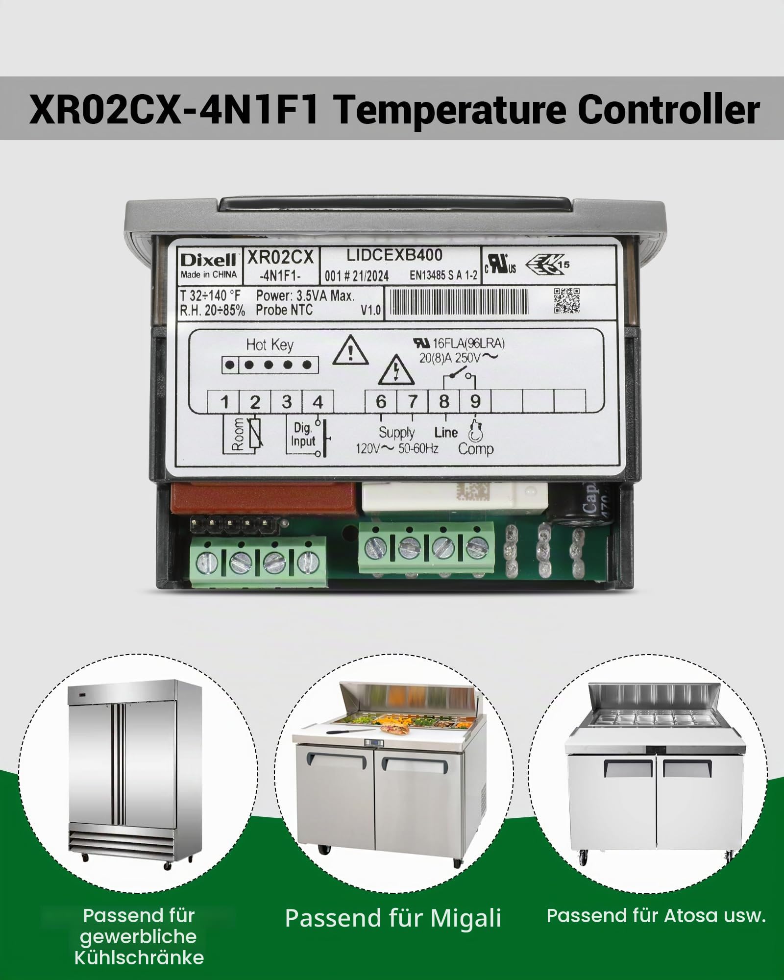 Dixell XR02CX-4N1F1 Temperaturregler, Ersatz für Dixell Temperaturregler, passend für 120 V 50-60 Hz kommerzielle Kühlschränke / Gefrierschrank, mit Temperatursensorsonden und Verschluss