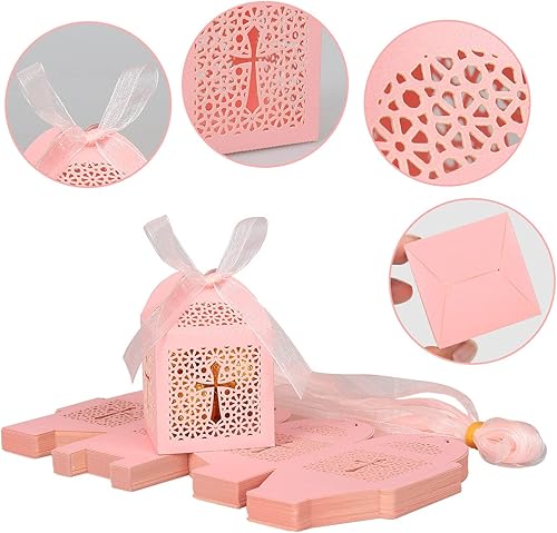 Miniatura 5 de KPOSIYA Paquete de 70 cajas de recuerdos de bautizo, cajas de dulces cortadas con láser con cintas, cajas de regalo pequeñas para baby shower,