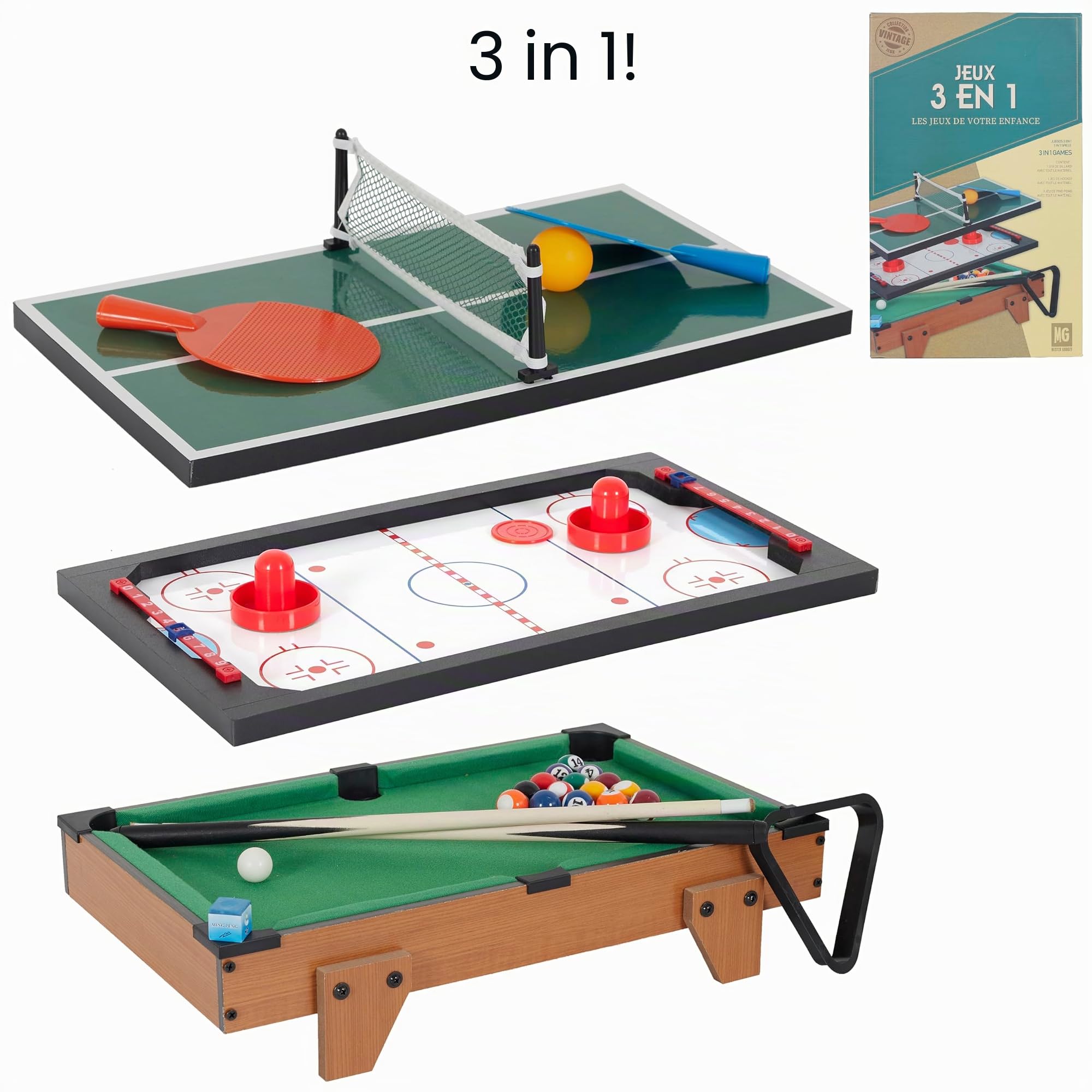 MISTER GADGET, MG3487, Tavolo da Gioco 3 in 1 Marrone, Verde, Biliardo, Ping Pong, Hockey, Perfetto per Serate di Giochi tra Amici o in Famiglia, risate e Relax garantiti.