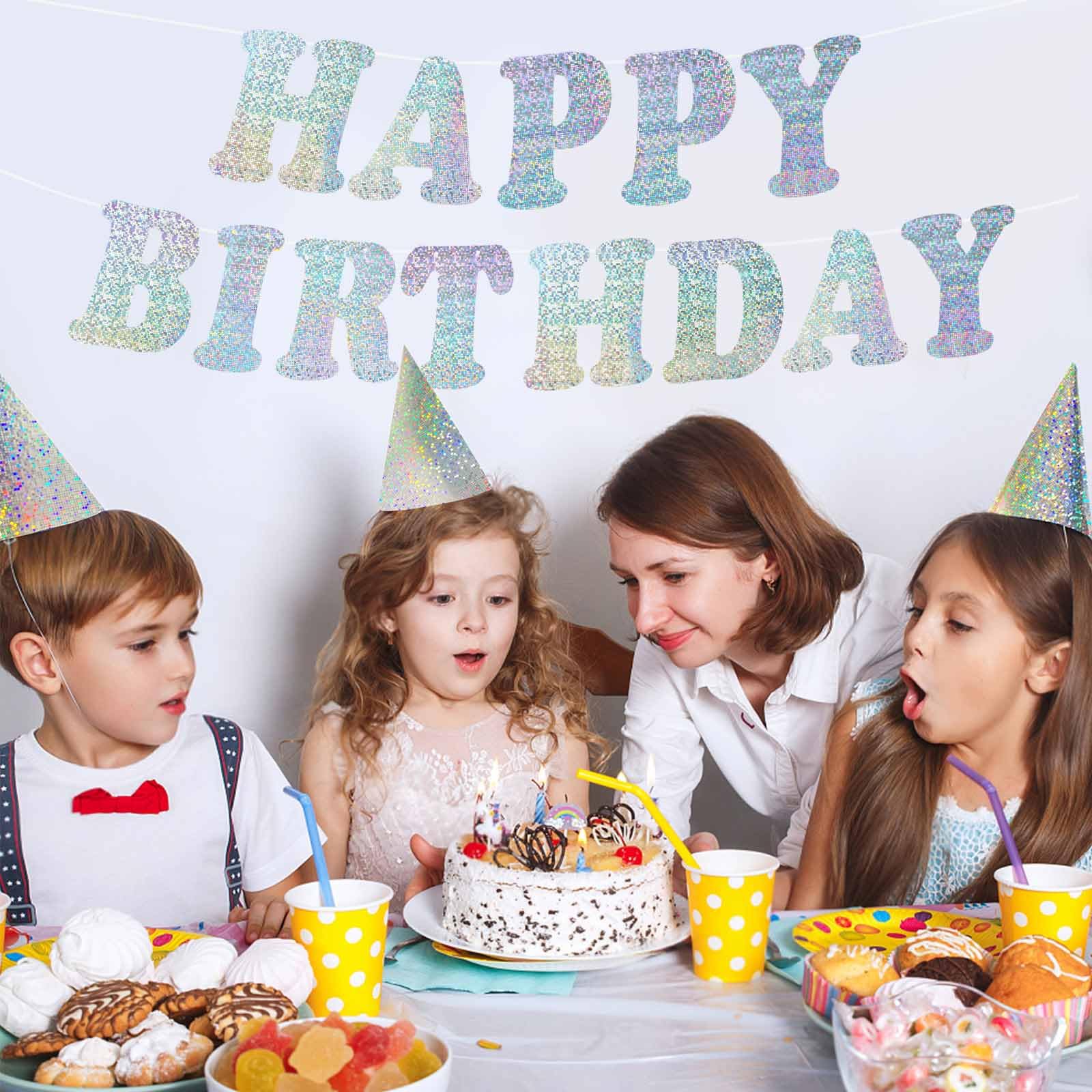 Glitter Silver Happy Birthday Banner - Rainbow Dot Design, Reusable Party Sign For Backdrop & Decor