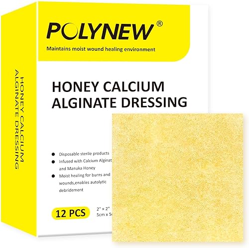 Aderezo de alginato de calcio y miel de manuka, paquete de 12 unidades, parches de 2 x 2 pulgadas, apósito para heridas con alginato de calcio,