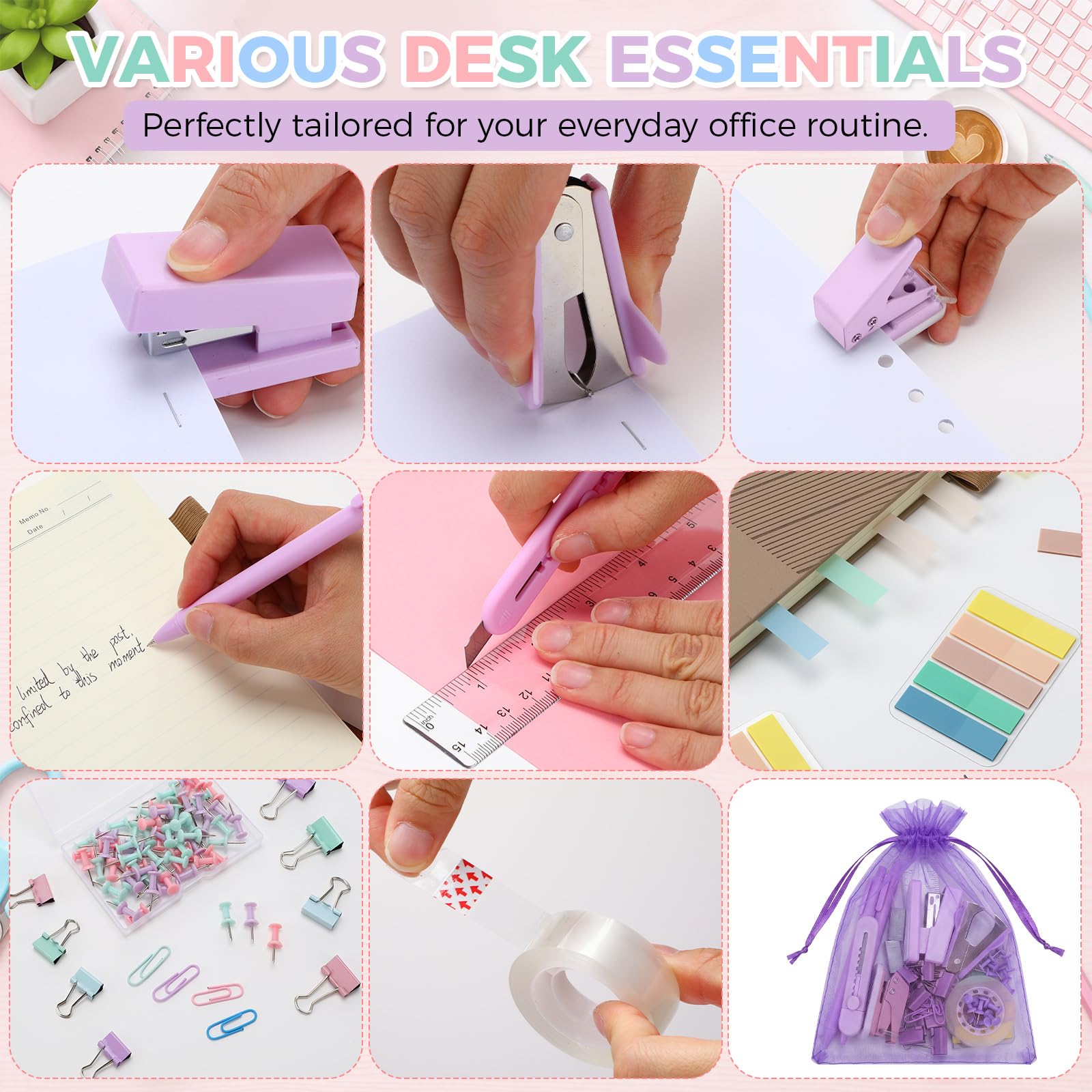 Dunzoom Lot de 56 mini fournitures de bureau pastel prêtes à offrir avec sacs individuels en organza, mini agrafeuse, perforatrice, ruban adhésif, stylos, pinces pour enseignants, collègues