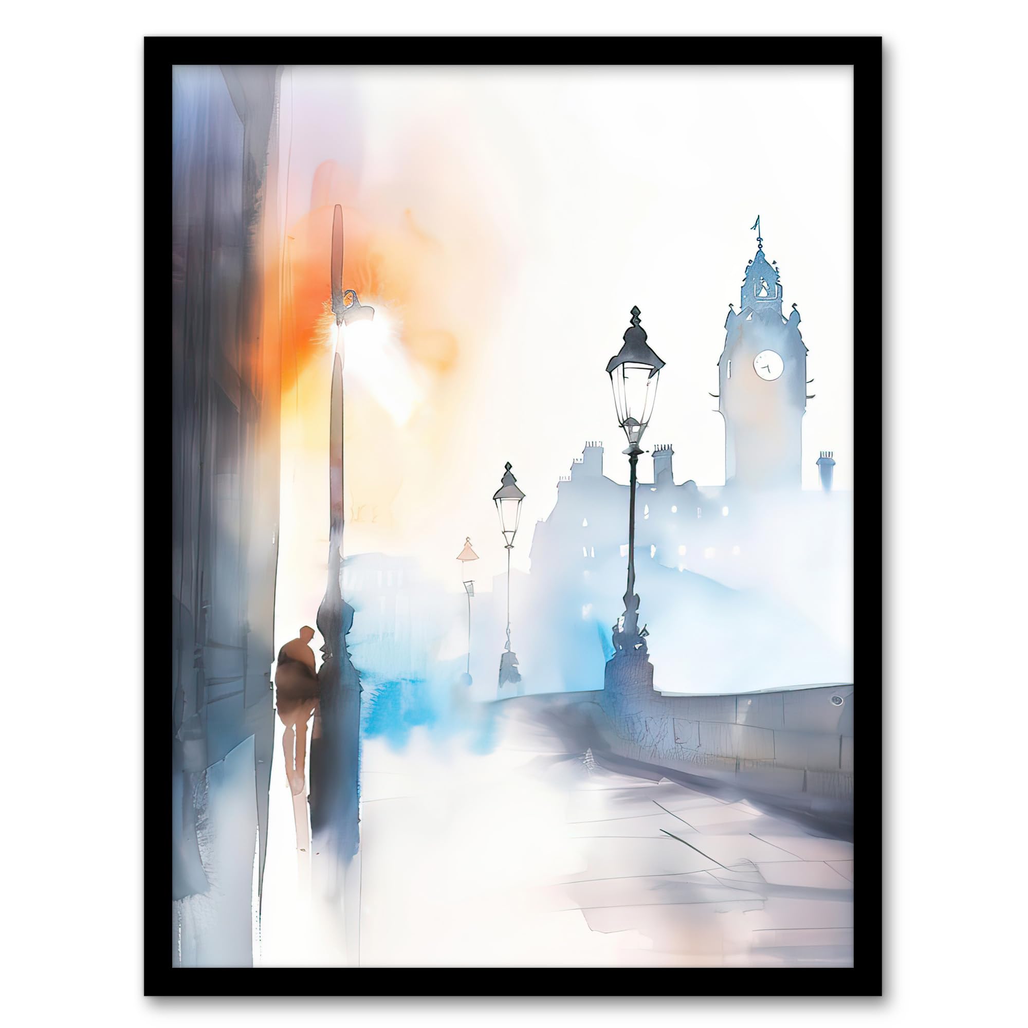 Artery8 Misty Edinburgh Sunrise Bright Watercolour Living Room Artwork Framed Wall Art Print A4