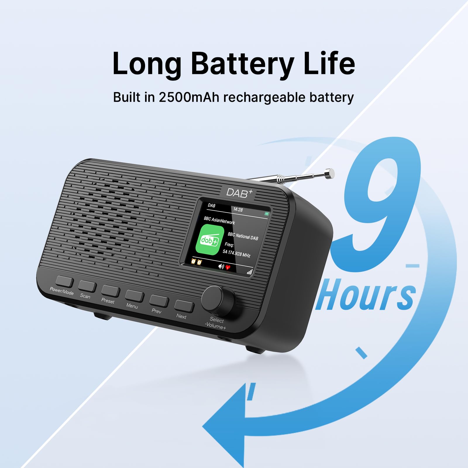 DAB Radio con Bluetooth, radio digitale FM ricaricabile, radio a batteria, radio portatile DAB+, radio da cucina con 80 preset, display a colori da 2,4 pollici, doppia sveglia, timer