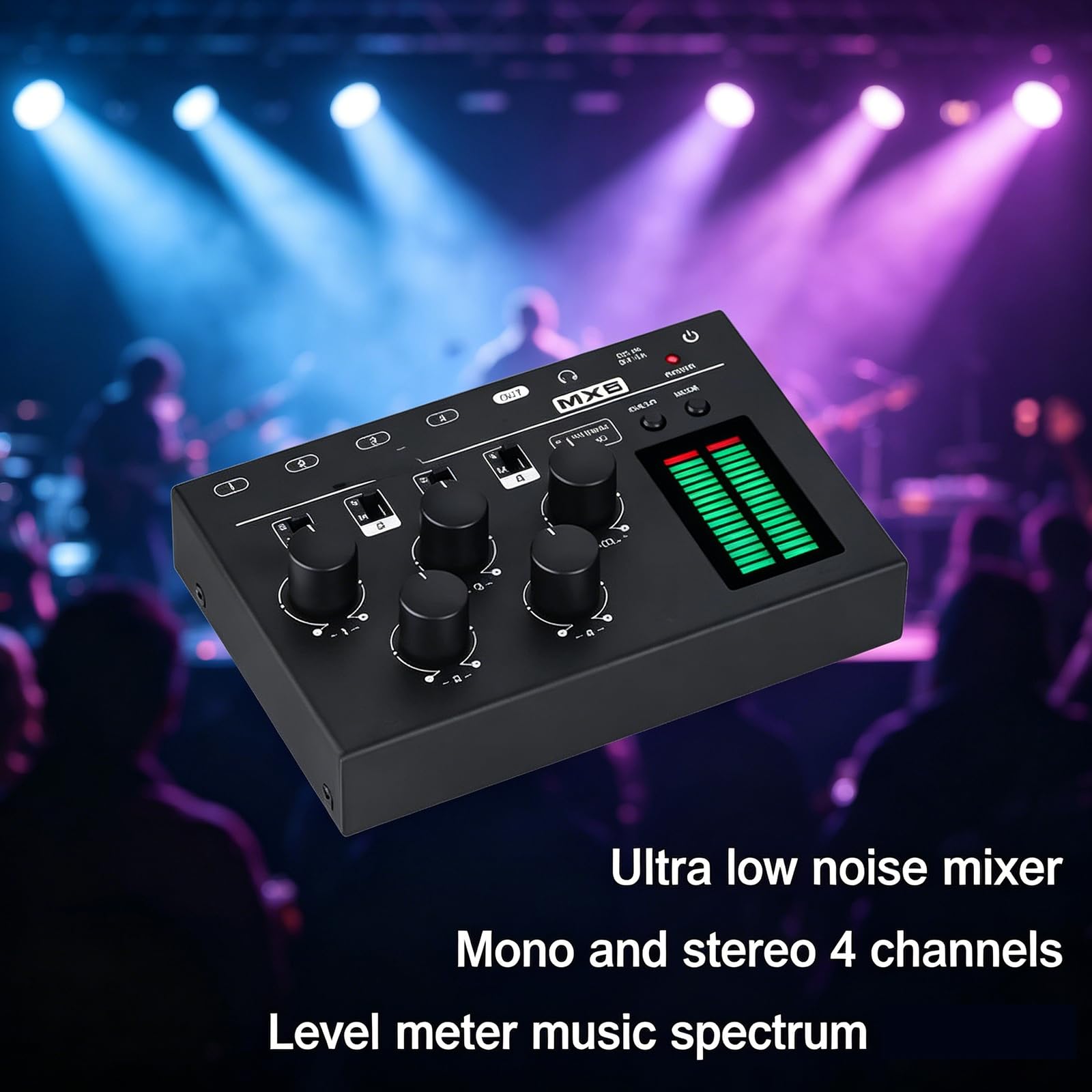 MObyat Mezclador De Audio De 4 Canales, Visualizador De Música Activado por Sonido, Modo De Canal: Estéreo/Mono, Ganancia De 1 A 6 Niveles, Memoria De Apagado, para Streaming De Estudio Y Videojuegos