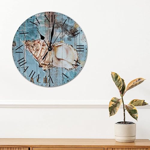 Miniatura 55 de ArogGeld Reloj de pared de PVC de mediados de siglo, concha, números de playa, estilo océano con números romanos de 10 pulgadas, funciona