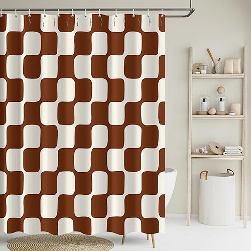 Miniatura 19 de Tititex Cortina de ducha retro de tela de lino sintético de 4.53 oz/m², con patrón de cuadrícula de ajedrez, color beige y verde salvia, juego de