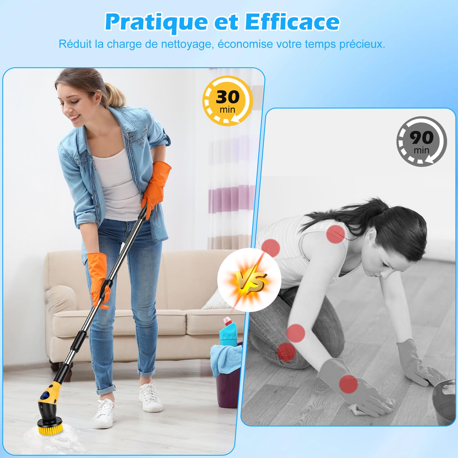 WADEO Brosse Électrique Rotative 17 Pièces - Kit de Nettoyage Multisurface avec 6 Types de Têtes et Poignée Réglable 360° - pour Salle de Bain, Carrelage, Sols, Cuisine, Voiture, Meubles