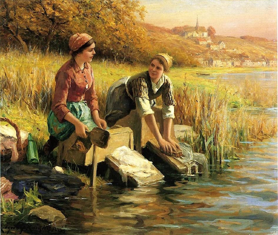 Tableau femmes lavant des vêtements au ruisseau : l'esprit vintage