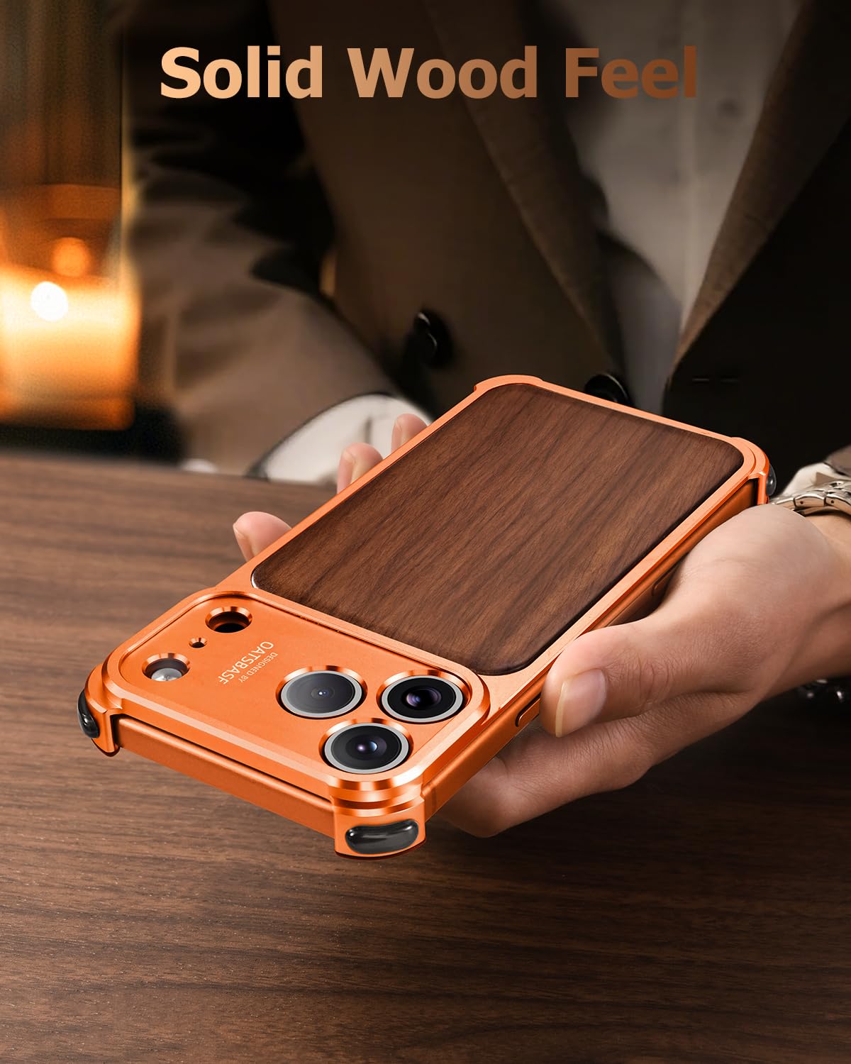 OATSBASF Funda para iPhone 17 Pro Max, protección completa de la cámara, compatible con cargador MagSafe, marco de metal, panel trasero de grano de madera (naranja, para iPhone 17 Pro Max)