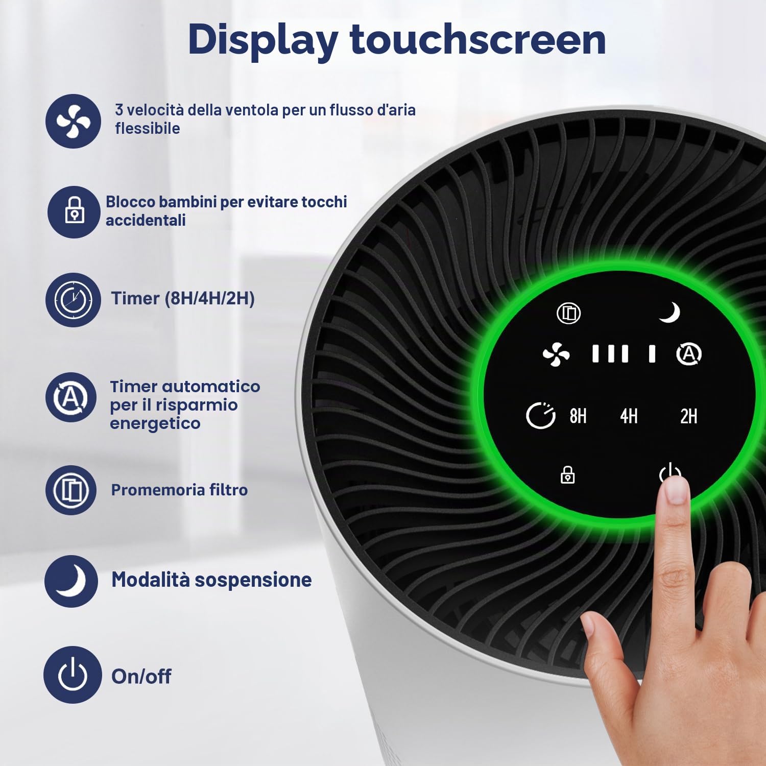 Purificatore d'aria anallergico, filtro dell'aria HEPA contro muffa, polvere e peli di animali 305 m³/h CADR per camera da letto fino a 110 m², indicatore di qualità dell'aria, modalità auto
