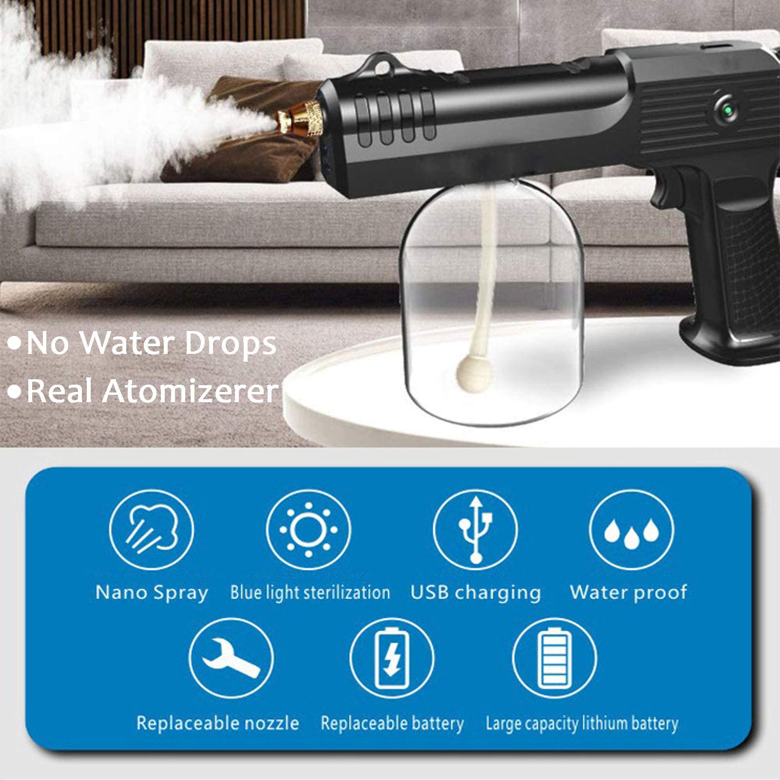 Nebulizzatore portatile, 4 ugelli, spray disinfettante senza fili, alimentato a batteria 4000Mah, pistola a spruzzo Nano Blu-ray per casa, ufficio, hotel, auto, viaggi,Bianca