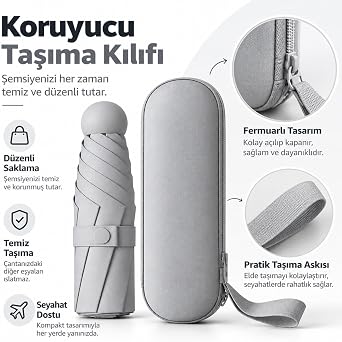 Mini Kapsül Şemsiye - UV Korumalı Portatif Katlanır Tasarım - Su Geçirmez Kumaş - 6 Telli Dayanıklı Yapı - Özel Saklama Kılıfı - Kompakt Hafif Çanta Boy Seyahat Şemsiyesi
