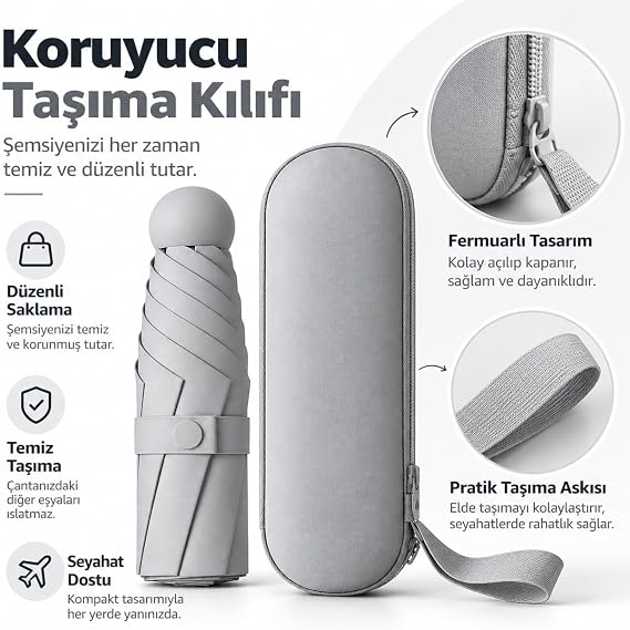 Mini Kapsül Şemsiye - UV Korumalı Portatif Katlanır Tasarım - Su Geçirmez Kumaş - 6 Telli Dayanıklı Yapı - Özel Saklama Kılıfı - Kompakt Hafif Çanta Boy Seyahat Şemsiyesi