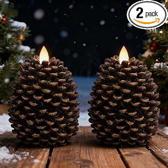 Christmas Pine Cones Flameless Candle Battery Operated with Timer Brown