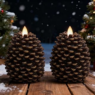 Christmas Flameless Candle, Christmas Pine Cones Candles Real Wax, 2 Pack LED Pillar Candle for Winter Holiday Decoration(3.5"x4.7",Brown)