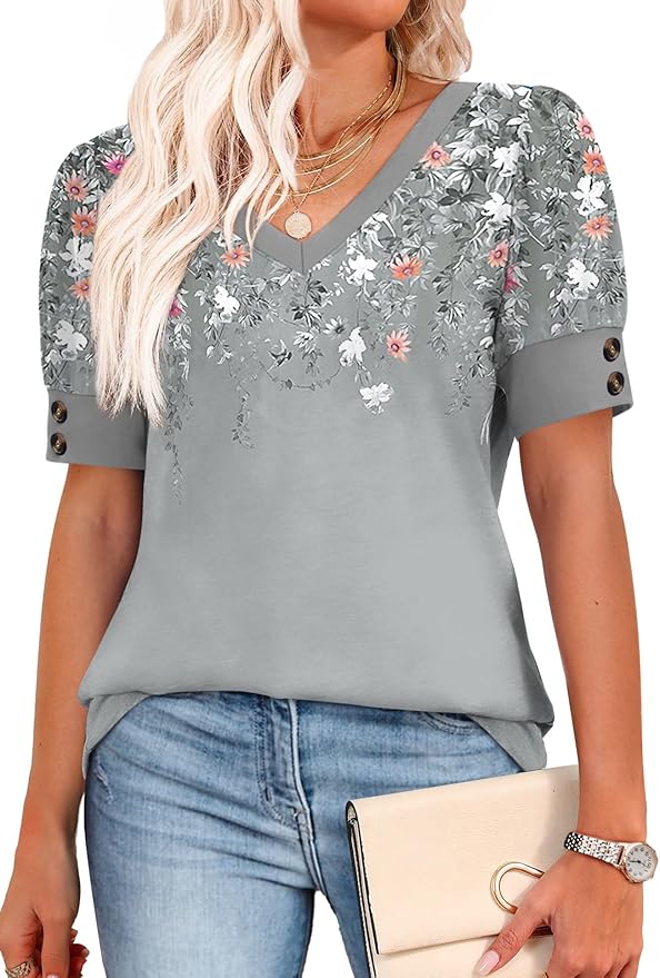 Womens Tops Short Sleeve Shirts Buttons V Neck Spring Fashion Summer Outfits Plus Size Blouses Dressy Casual — image 4