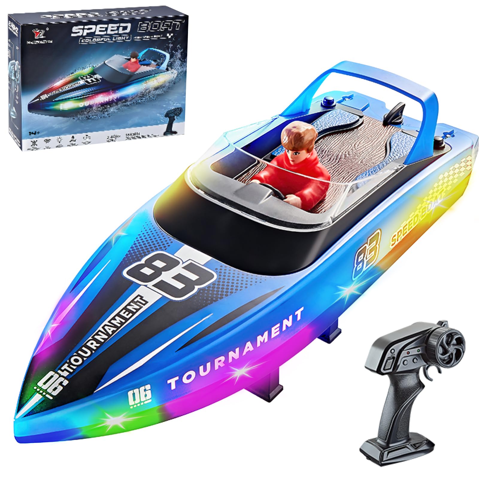 OBEST Fernsteuerboot mit LED Lichtern, 2.4GHz 15km/h Hochgeschwindigkeits RC Boot, Hohen/Niedrigen Geschwindigkeit Fernsteuerungs Schnellboot, 120min Ausdauer, Schwimmbad/See/Teich Spielzeug