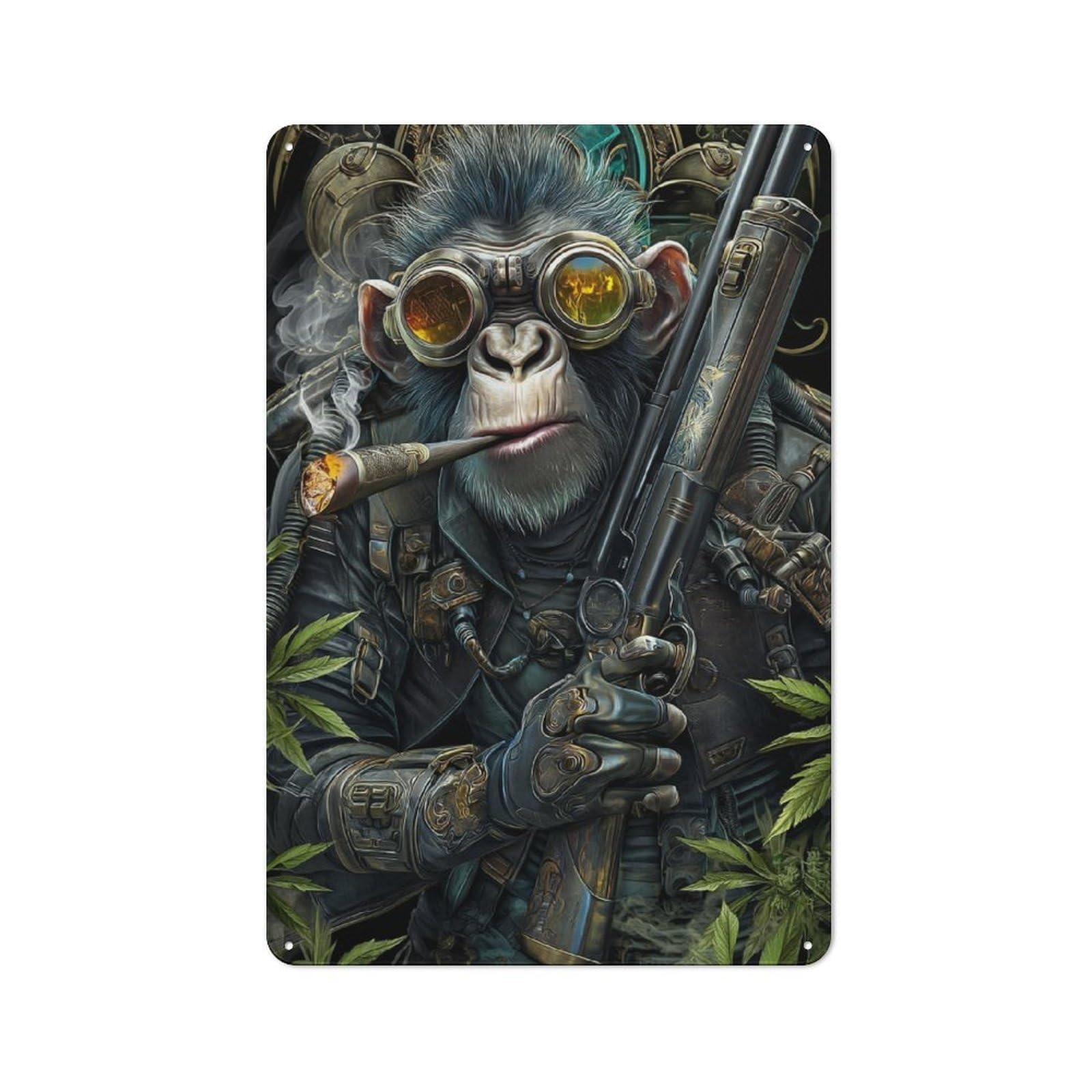 Junmoney Steampunk Ape With Shotgun Vintage Tin Wall Plaque 30X20cm For Café Or Restaurant, A Decorative Christmas Gift For Café Owners And Decorators