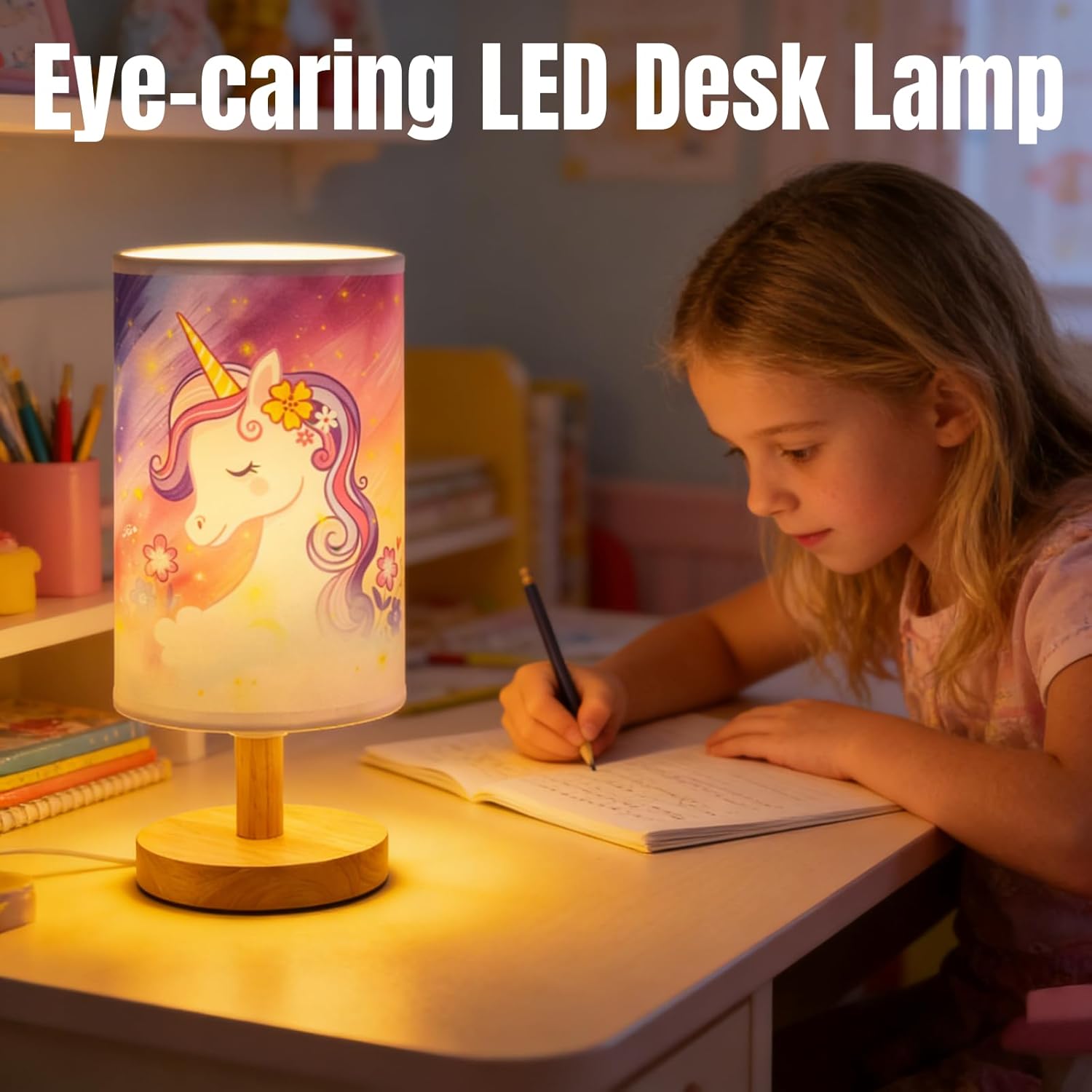 Unicorn Table Lamp,Girls for Bedroom Nightstand Desk Lamps,3 Color LED Bedside Night Light with Flaxen Fabric Shade and Wood Base for Bedroom, Living Room, Unicorn Lovers Gifts for Girls and Boys