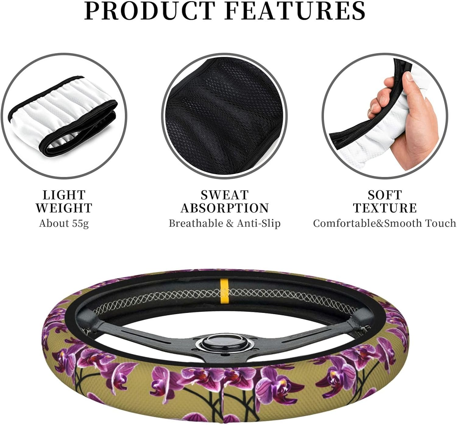 Beautiful Orchids Double-Layer Thickened Steering Wheel Cover, Universal car Steering Wheel Cover (15 inches in Diameter), Steering Wheel Protective Cover,