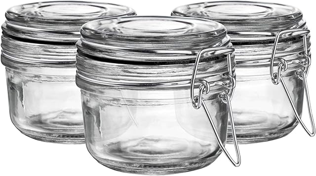 Argon Tableware 6x 125ml Clear Glass Storage Jars with Black Airtight Silicone Seal and Metal Clip Lids - 4.2oz Small Empty Kitchen Food Containers