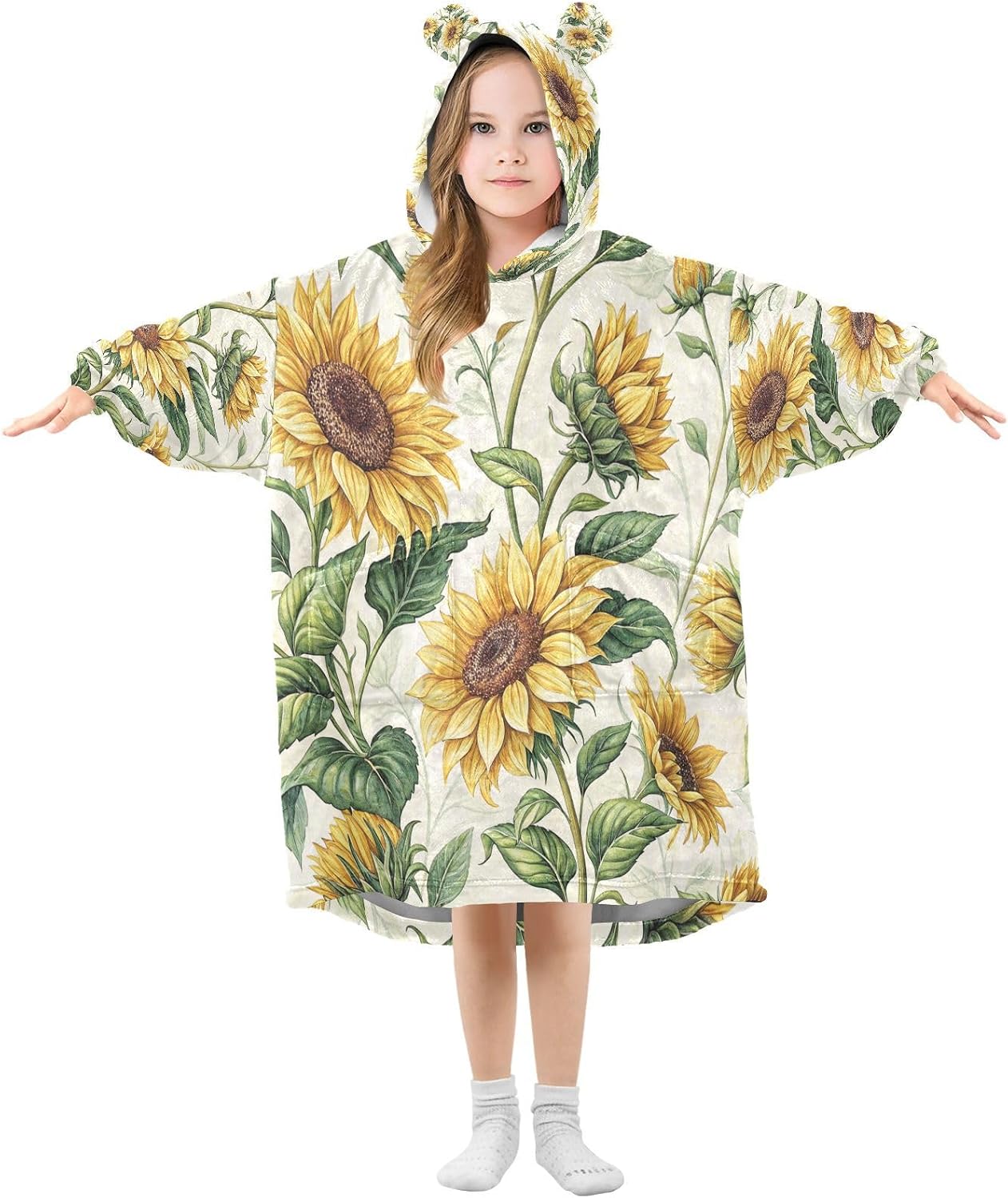 Kigai Sunflower Wearable Blanket Hoodie for Kids Oversized Hooded Blanket Warm & Cozy Sweatshirt with Pockets