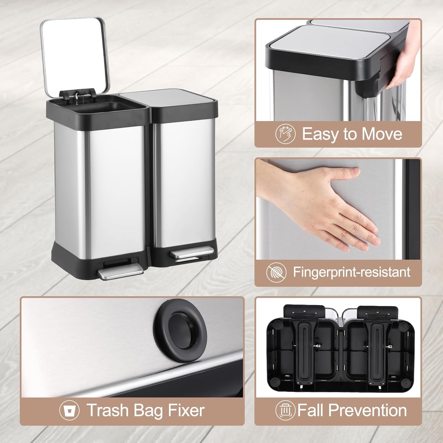 13 Gallon Dual Trash and Recycling Bin, 50L(2x25L) Fingerprint Proof Stainless Steel Kitchen Garbage Can with Double Lid, Hands-Free Step Rubbish Bin Without Inner Bucket for Kitchen Home Office