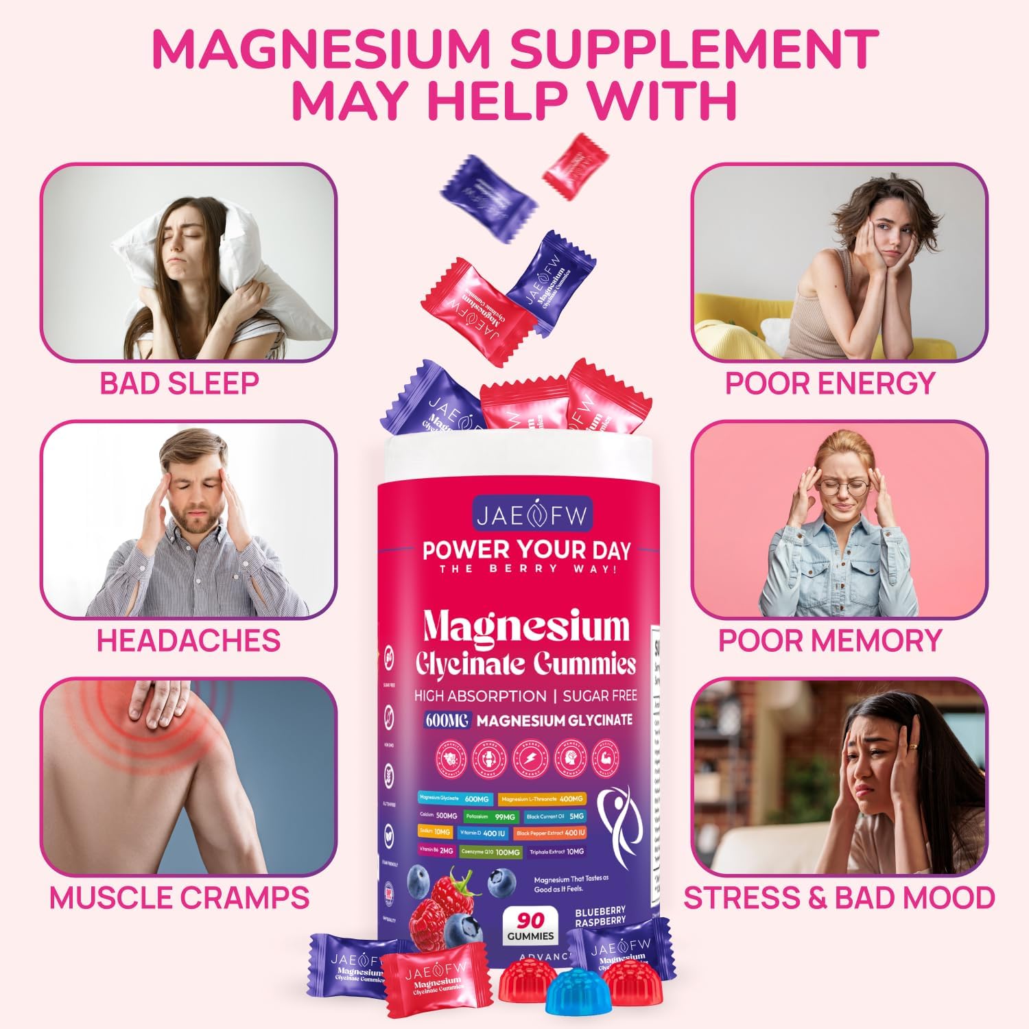 Magnesium Glycinate Gummies 1000mg – x2 High Absorption Magnesium Gummies for Women, Men & Kids – Sugar Free Vegan Supplement with CoQ10, Vitamin D3 & B6 – Daily Balance, Calm Energy & Muscle Function