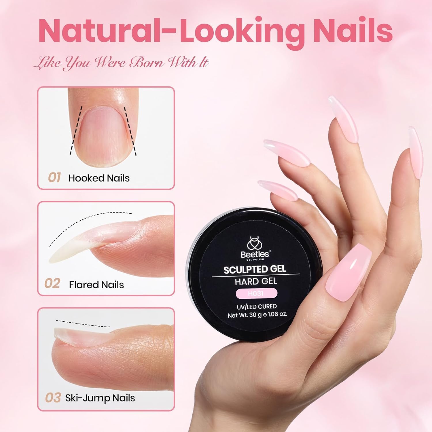 Beetles Hard Gel for Nails Kit,Soft Nude 3 Colors Clear Nude Pink Sculpted Gel with Long Square Half Cover Nail Tips,for Extension Sculpting Building UV Nails,Nude Builder Gels for Salon Pros Beginner