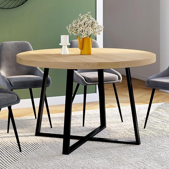 IDMarket Selma Round Dining Table for 4-6 People, Wood and Black, 110 cm