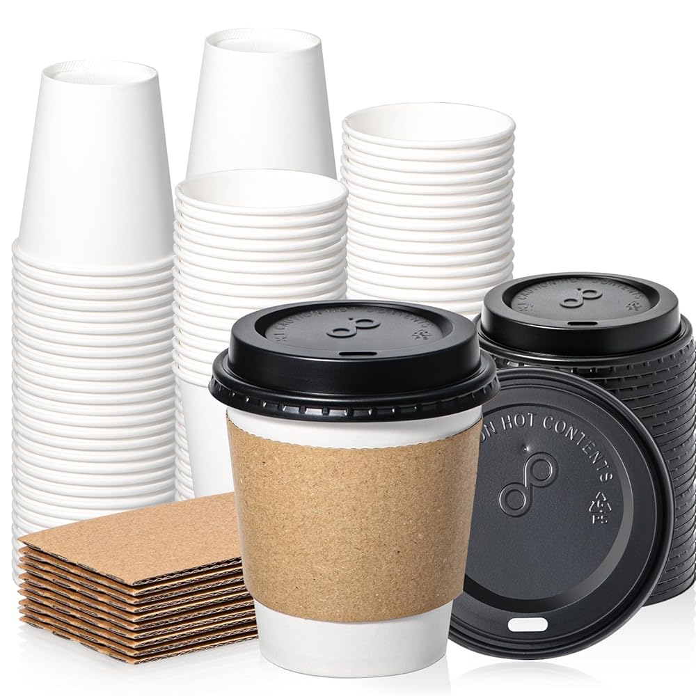 Fit Meal Prep 50 Pack 10 oz Disposable Coffee Cups with Lids, Sleeves, Leak-Proof To Go Coffee Cups with Lids, Durable Paper Cups for Hot Beverage, Home, Office, Party