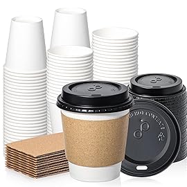 Fit Meal Prep 50 Pack 10 oz Disposable Coffee Cups with Lids, Sleeves, Leak-Proof To Go Coffee Cups with Lids, Durable Paper Cups for Hot Beverage, Home, Office, Party