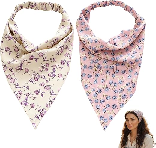 YUISI 2pcs Bandanas For Women Floral Chiffon Headbands Soft Boho Hair Accessories, Elastic Triangle Headscarf Hair Bands f...