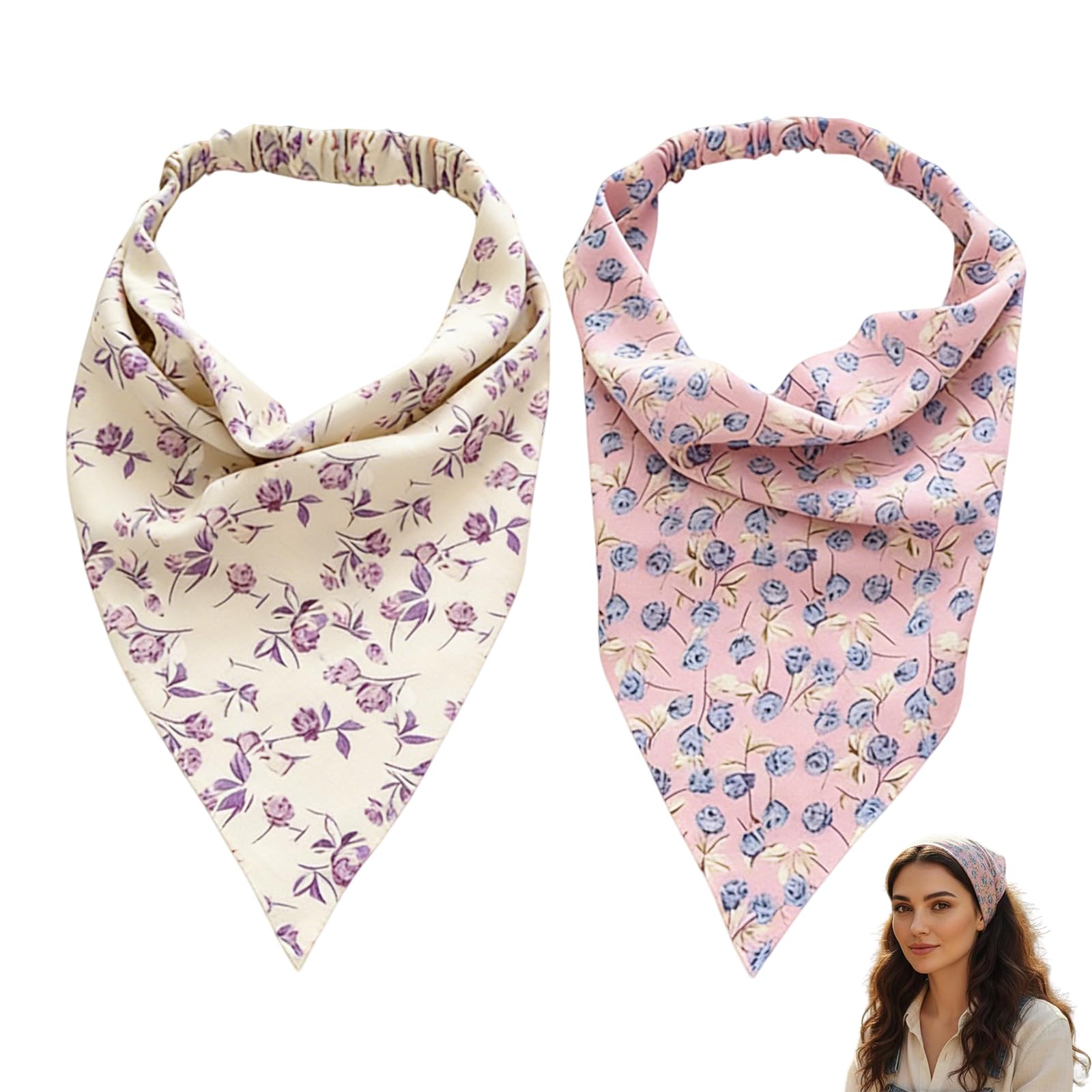 YUISI 2pcs Bandanas For Women Floral Chiffon Headbands Soft Boho Hair Accessories, Elastic Triangle Headscarf Hair Bands for Women and Girls