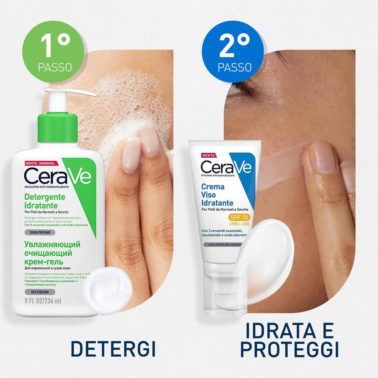 CeraVe Kit Skincare Viso, Detergente Idratante, Per Pelli da Normali a Secche, Con Acido Ialuronico, 236 ml + SPF 30, 52 ml
