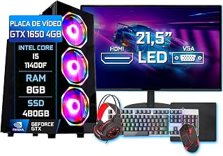 Pc Gamer Completo Blue PC Intel Core i5 11400F 8GB GTX 1650 4GB SSD 480GB Monitor 21" - Kit Gamer Teclado Mouse Headset